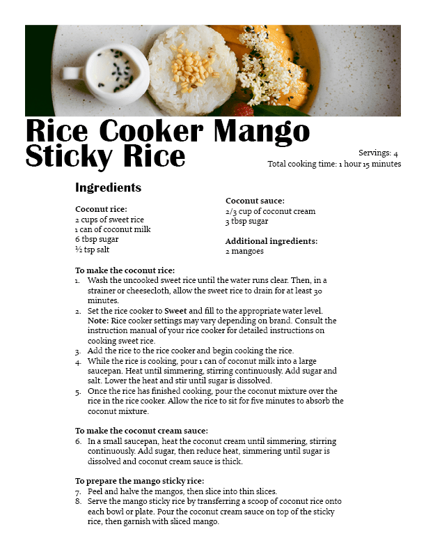 Rice Cooker Mango Sticky Rice Sample Cookbook Page
